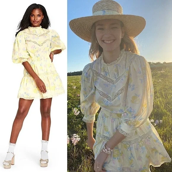 NWT LOVESHACKFANCY TARGET Floral Puff Sleeve Lace Trim Tier Ruffle Mini Dress 1X - Picture 2 of 16